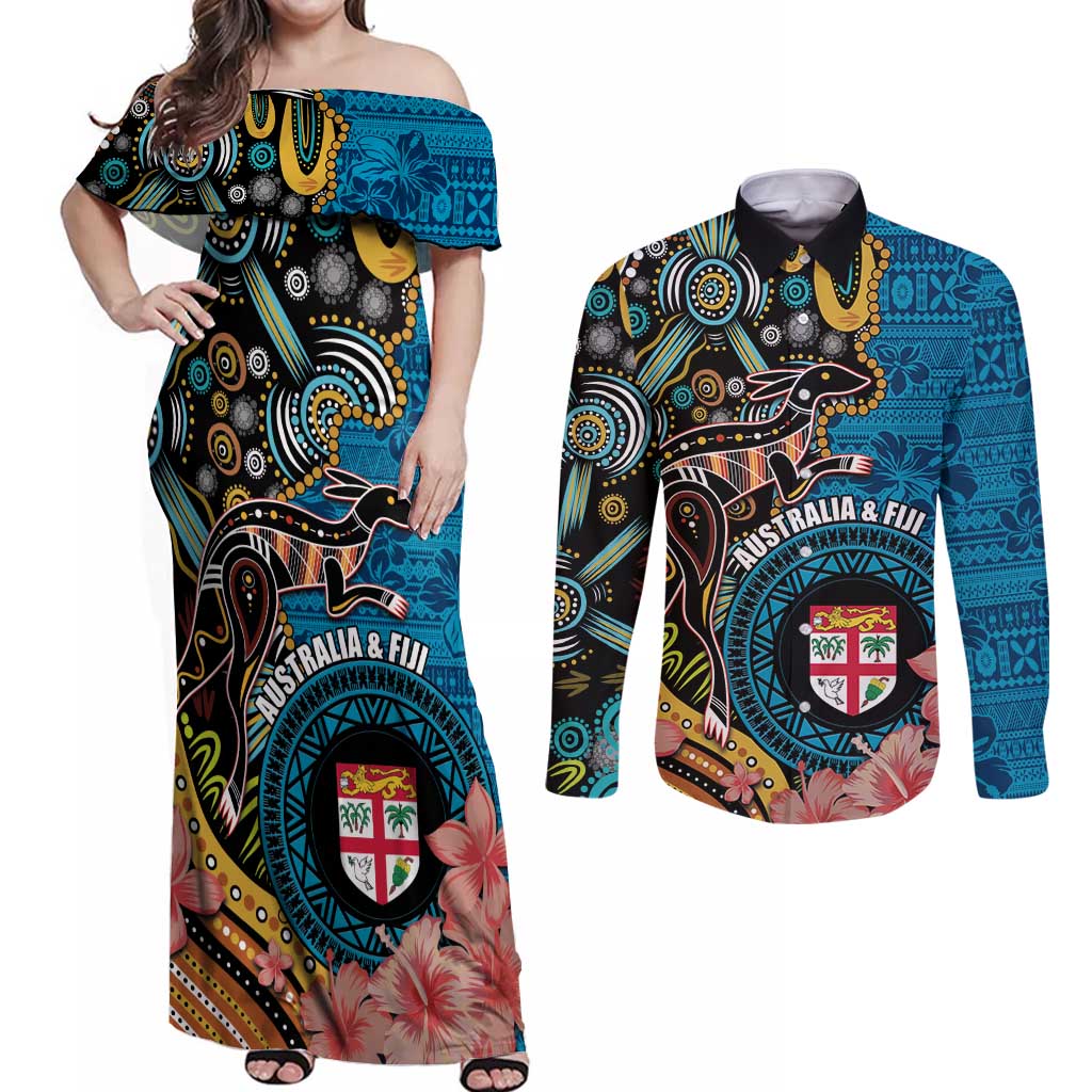 Fiji and Australia Kangaroos Couples Matching Off Shoulder Maxi Dress and Long Sleeve Button Shirt Indigenous Aboriginal and Fijian Masi Tribal Tattoo