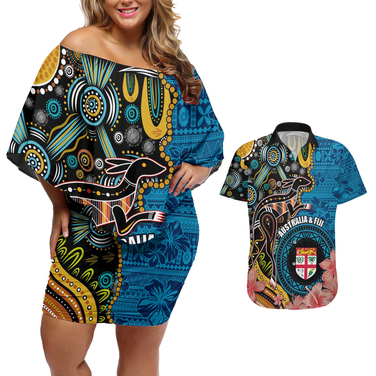 Fiji and Australia Kangaroos Couples Matching Off Shoulder Short Dress and Hawaiian Shirt Indigenous Aboriginal and Fijian Masi Tribal Tattoo