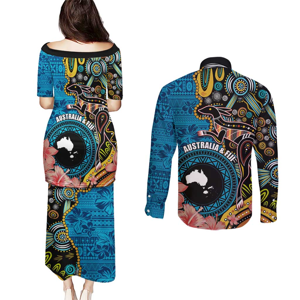 Fiji and Australia Kangaroos Couples Matching Puletasi and Long Sleeve Button Shirt Indigenous Aboriginal and Fijian Masi Tribal Tattoo