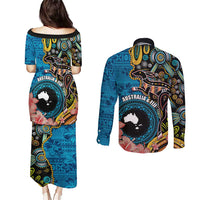 Fiji and Australia Kangaroos Couples Matching Puletasi and Long Sleeve Button Shirt Indigenous Aboriginal and Fijian Masi Tribal Tattoo