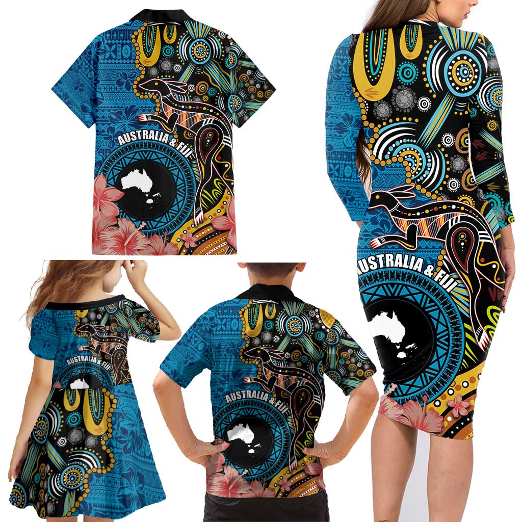 Fiji and Australia Kangaroos Family Matching Long Sleeve Bodycon Dress and Hawaiian Shirt Indigenous Aboriginal and Fijian Masi Tribal Tattoo