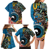 Fiji and Australia Kangaroos Family Matching Long Sleeve Bodycon Dress and Hawaiian Shirt Indigenous Aboriginal and Fijian Masi Tribal Tattoo