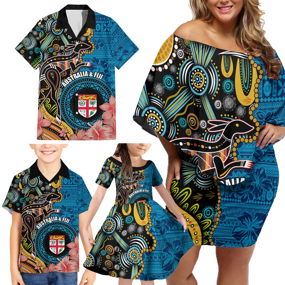 Fiji and Australia Kangaroos Family Matching Off Shoulder Short Dress and Hawaiian Shirt Indigenous Aboriginal and Fijian Masi Tribal Tattoo