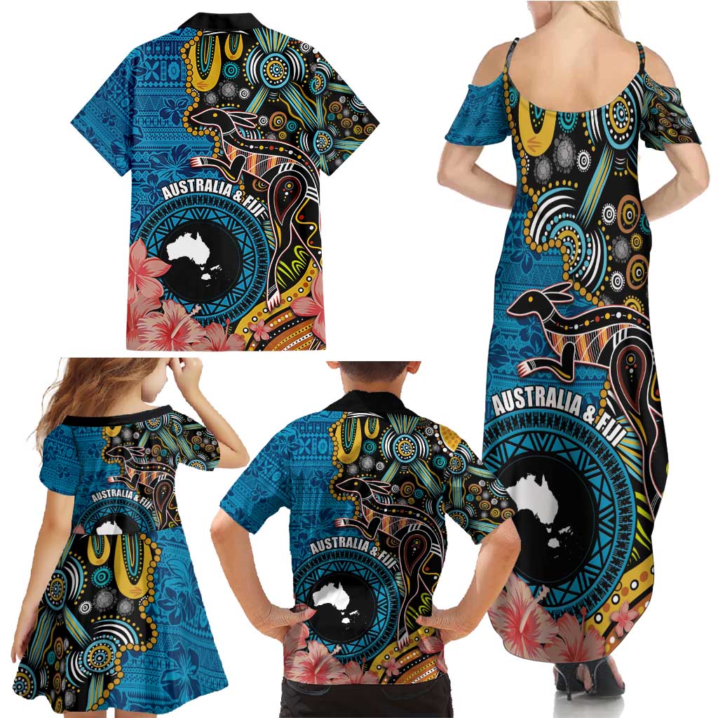 Fiji and Australia Kangaroos Family Matching Summer Maxi Dress and Hawaiian Shirt Indigenous Aboriginal and Fijian Masi Tribal Tattoo