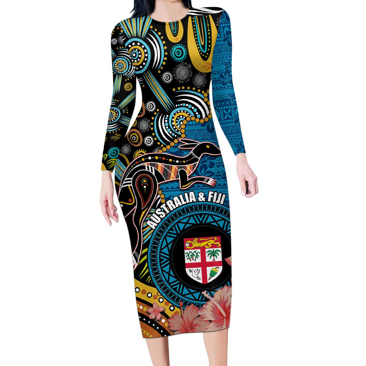 Fiji and Australia Kangaroos Long Sleeve Bodycon Dress Indigenous Aboriginal and Fijian Masi Tribal Tattoo