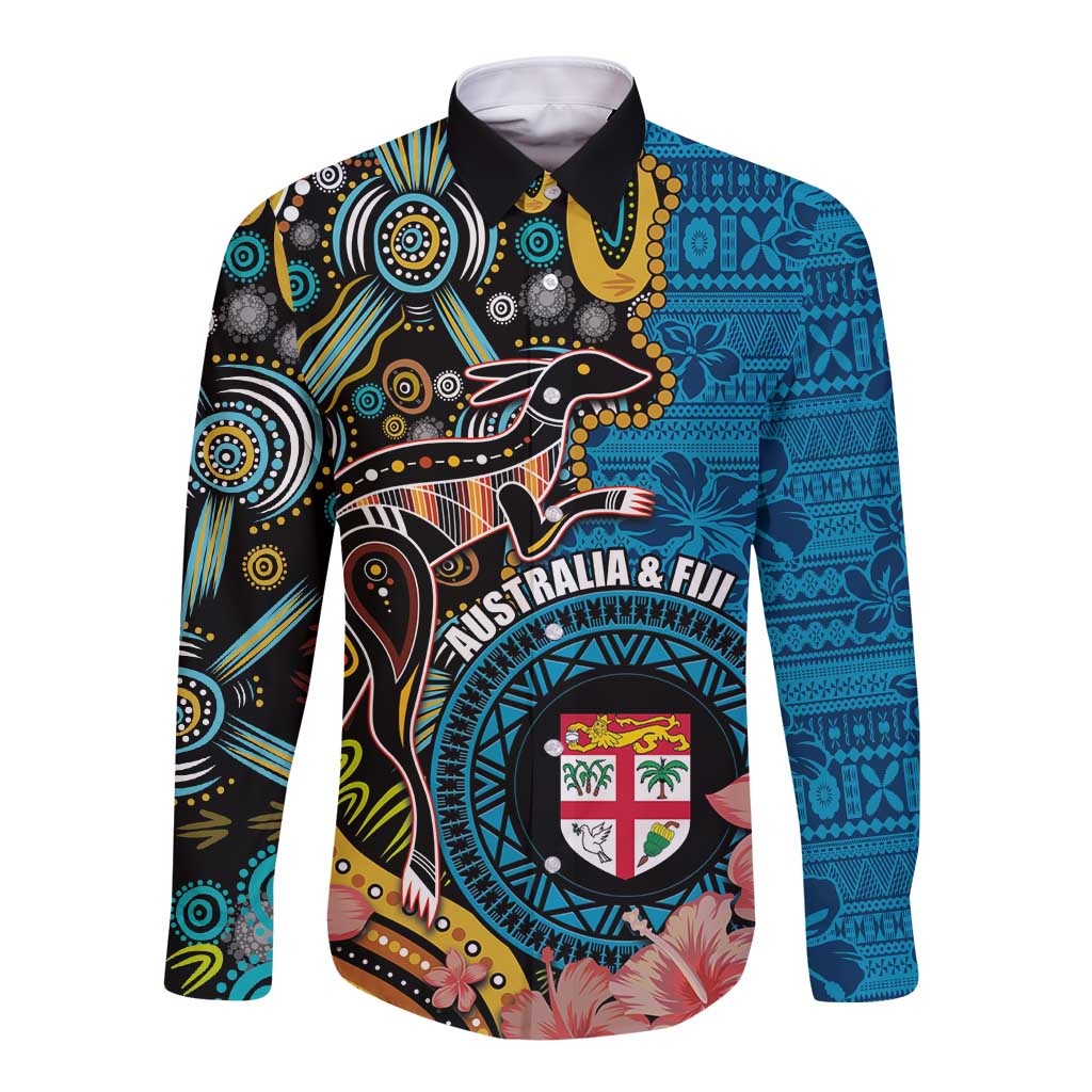 Fiji and Australia Kangaroos Long Sleeve Button Shirt Indigenous Aboriginal and Fijian Masi Tribal Tattoo LT03 Unisex Blue - Polynesian Pride