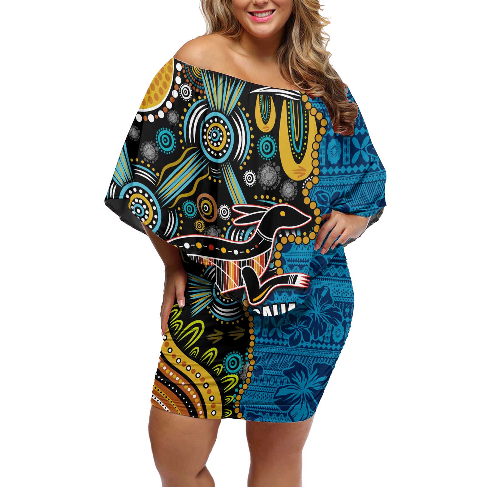 Fiji and Australia Kangaroos Off Shoulder Short Dress Indigenous Aboriginal and Fijian Masi Tribal Tattoo