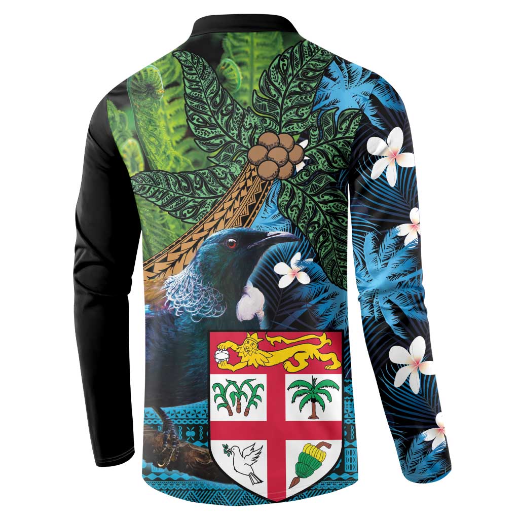 Fiji and New Zealand Tui Bird Button Sweatshirt Koru Fern Leafs and Palm Tree With Plumeria