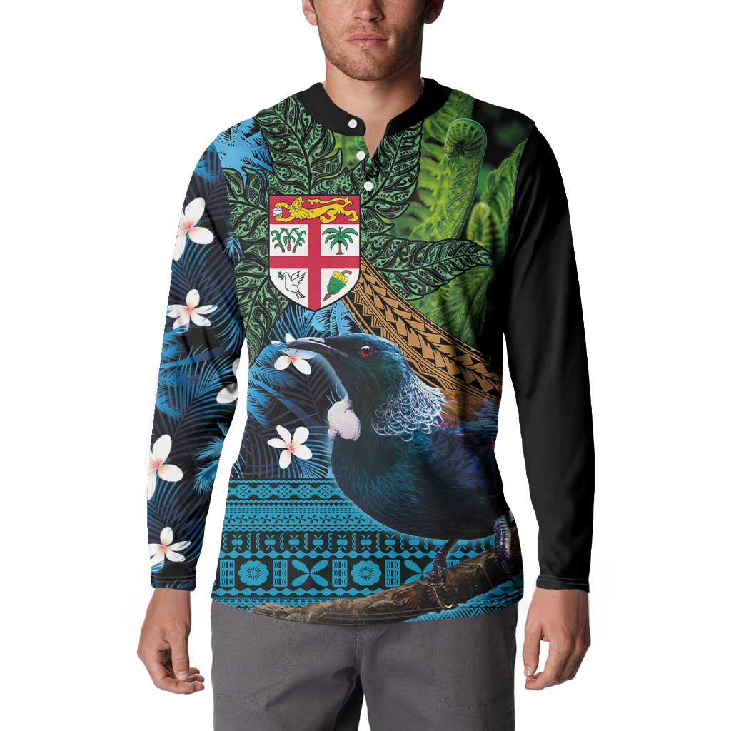 Fiji and New Zealand Tui Bird Button Sweatshirt Koru Fern Leafs and Palm Tree With Plumeria