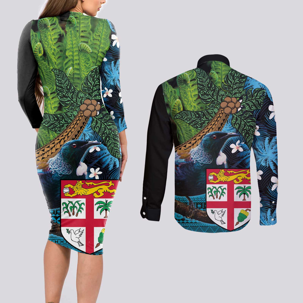 Fiji and New Zealand Tui Bird Couples Matching Long Sleeve Bodycon Dress and Long Sleeve Button Shirt Koru Fern Leafs and Palm Tree With Plumeria