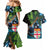 Fiji and New Zealand Tui Bird Couples Matching Mermaid Dress and Hawaiian Shirt Koru Fern Leafs and Palm Tree With Plumeria