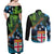 Fiji and New Zealand Tui Bird Couples Matching Off Shoulder Maxi Dress and Long Sleeve Button Shirt Koru Fern Leafs and Palm Tree With Plumeria