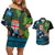 Fiji and New Zealand Tui Bird Couples Matching Off Shoulder Short Dress and Hawaiian Shirt Koru Fern Leafs and Palm Tree With Plumeria