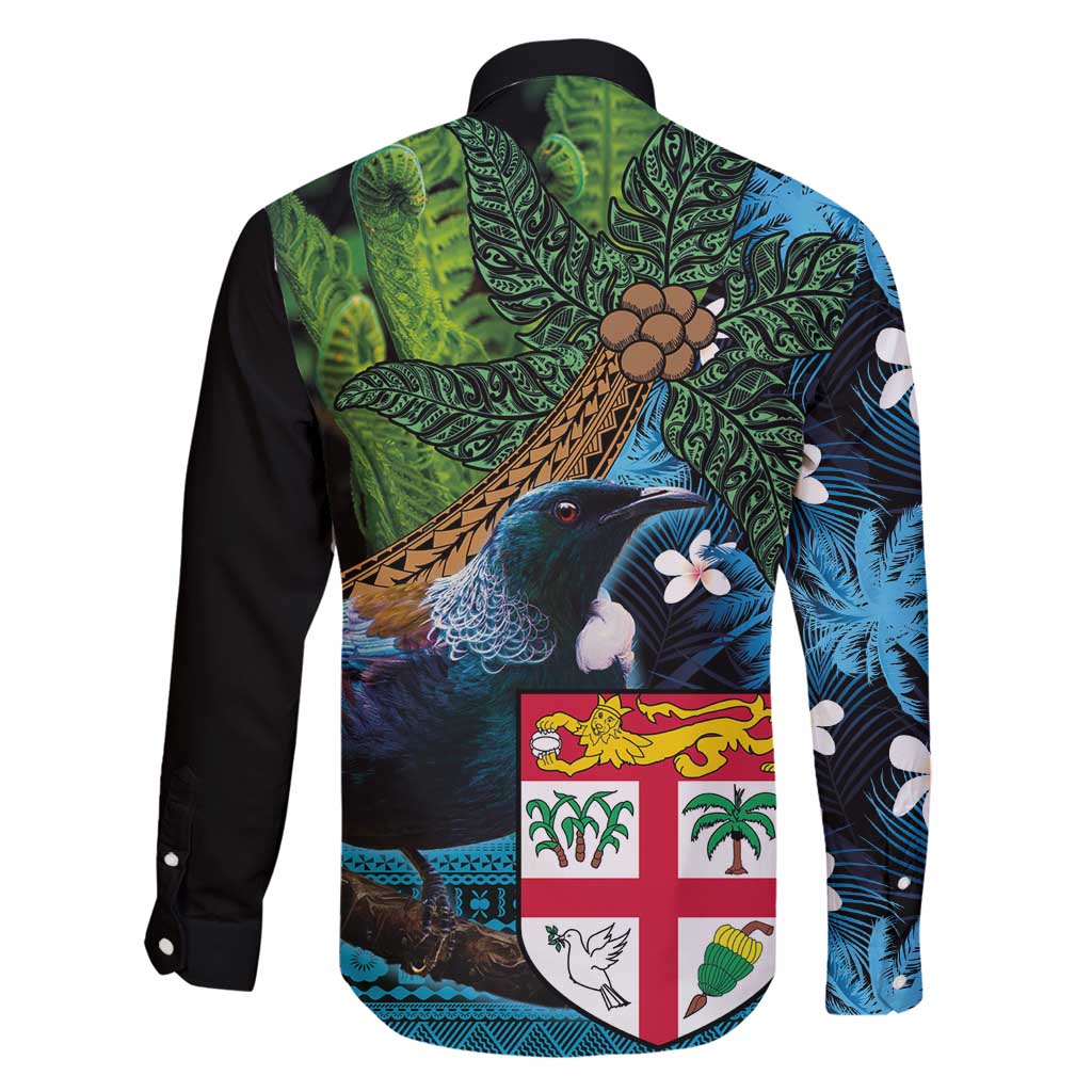 Fiji and New Zealand Tui Bird Family Matching Long Sleeve Bodycon Dress and Hawaiian Shirt Koru Fern Leafs and Palm Tree With Plumeria