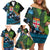 Fiji and New Zealand Tui Bird Family Matching Off Shoulder Short Dress and Hawaiian Shirt Koru Fern Leafs and Palm Tree With Plumeria