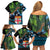 Fiji and New Zealand Tui Bird Family Matching Off Shoulder Short Dress and Hawaiian Shirt Koru Fern Leafs and Palm Tree With Plumeria