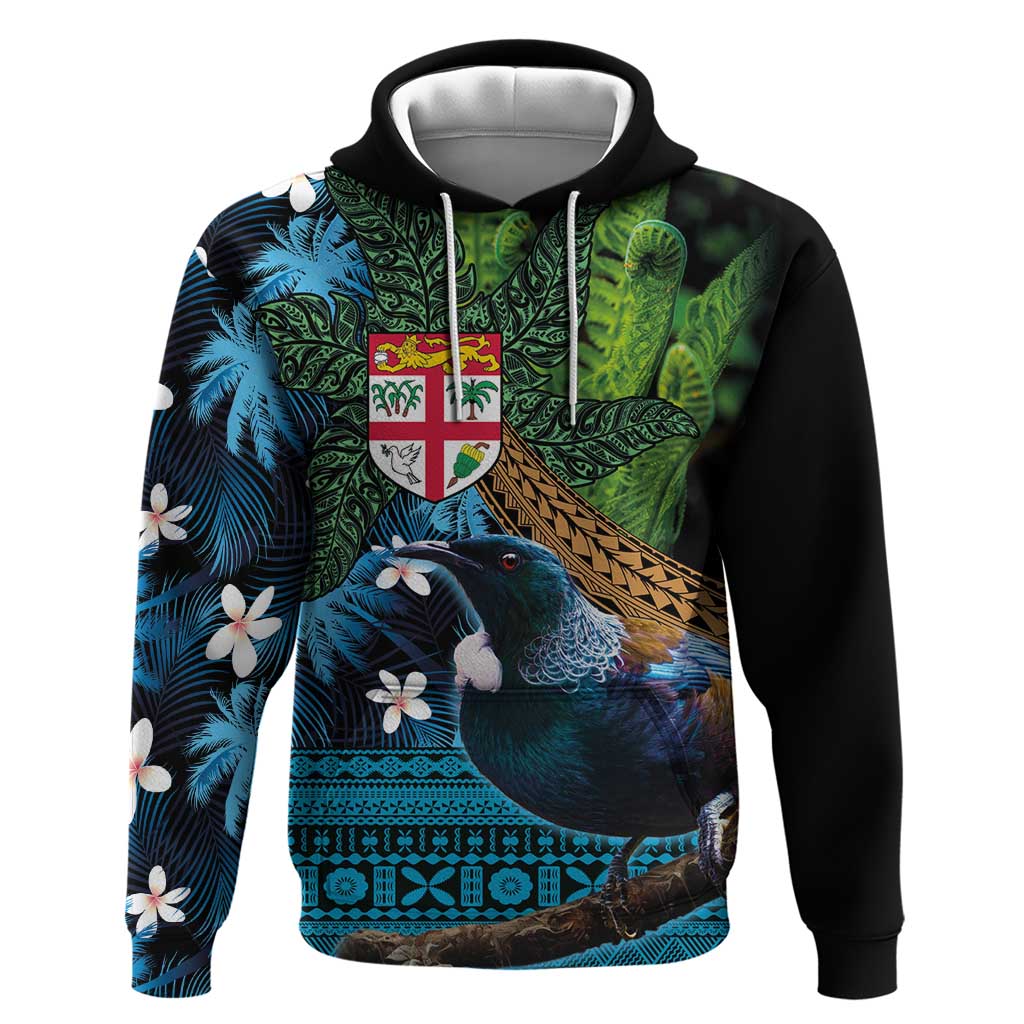 Fiji and New Zealand Tui Bird Hoodie Koru Fern Leafs and Palm Tree With Plumeria