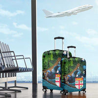 Fiji and New Zealand Tui Bird Luggage Cover Koru Fern Leafs and Palm Tree With Plumeria