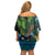 Fiji and New Zealand Tui Bird Off Shoulder Short Dress Koru Fern Leafs and Palm Tree With Plumeria