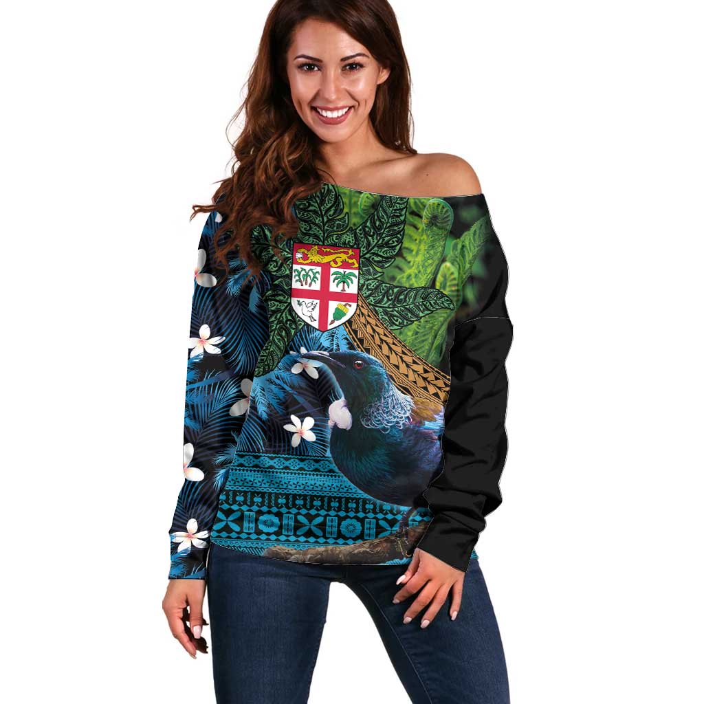 Fiji and New Zealand Tui Bird Off Shoulder Sweater Koru Fern Leafs and Palm Tree With Plumeria