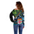 Fiji and New Zealand Tui Bird Off Shoulder Sweater Koru Fern Leafs and Palm Tree With Plumeria