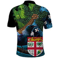 Fiji and New Zealand Tui Bird Polo Shirt Koru Fern Leafs and Palm Tree With Plumeria