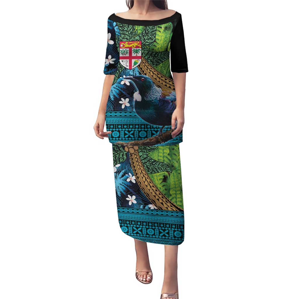 Fiji and New Zealand Tui Bird Puletasi Koru Fern Leafs and Palm Tree With Plumeria LT03 Long Dress Blue - Polynesian Pride