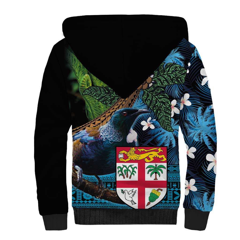 Fiji and New Zealand Tui Bird Sherpa Hoodie Koru Fern Leafs and Palm Tree With Plumeria