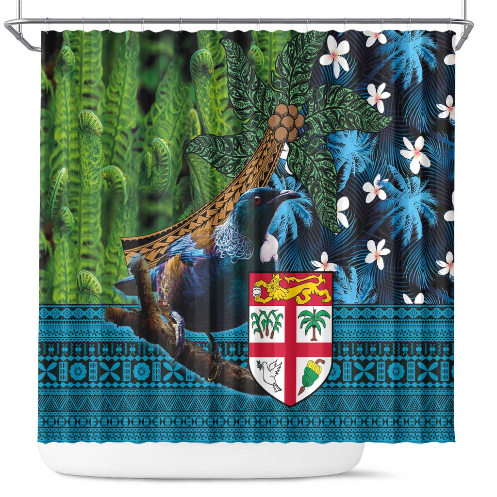 Fiji and New Zealand Tui Bird Shower Curtain Koru Fern Leafs and Palm Tree With Plumeria