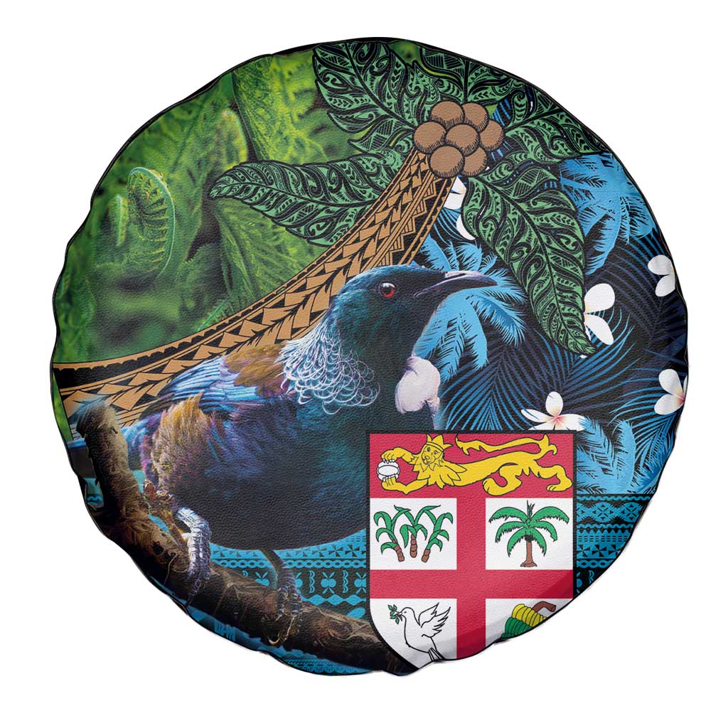 Fiji and New Zealand Tui Bird Spare Tire Cover Koru Fern Leafs and Palm Tree With Plumeria