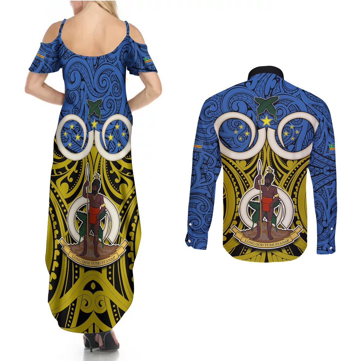 Vanuatu Tafea Province Couples Matching Summer Maxi Dress and Long Sleeve Button Shirts Pig Tusk Mix Maori Pattern and Namele Leaf LT03 - Polynesian Pride