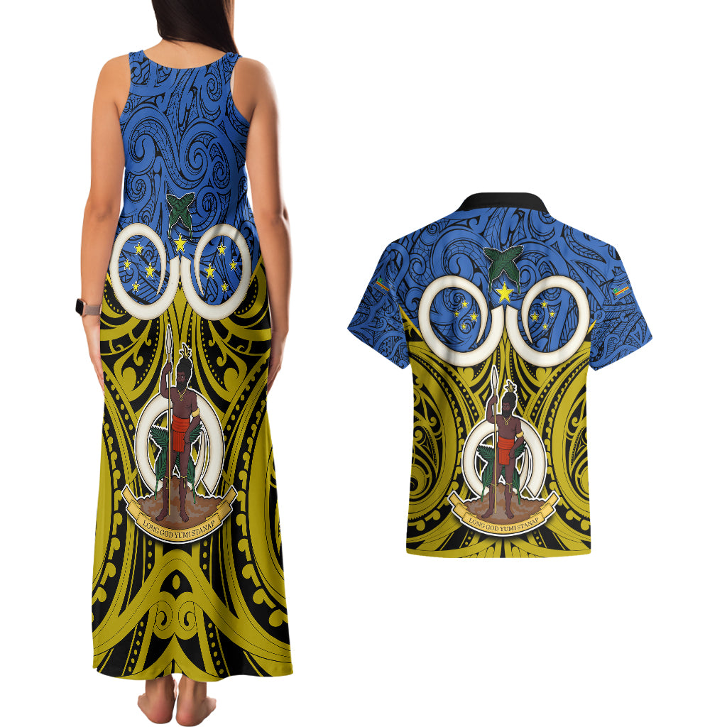 Vanuatu Tafea Province Couples Matching Tank Maxi Dress and Hawaiian Shirt Pig Tusk Mix Maori Pattern and Namele Leaf LT03 - Polynesian Pride
