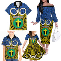 Vanuatu Tafea Province Family Matching Off Shoulder Long Sleeve Dress and Hawaiian Shirt Pig Tusk Mix Maori Pattern and Namele Leaf LT03 - Polynesian Pride