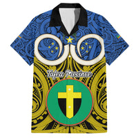 Vanuatu Tafea Province Family Matching Tank Maxi Dress and Hawaiian Shirt Pig Tusk Mix Maori Pattern and Namele Leaf LT03 Dad's Shirt - Short Sleeve Blue - Polynesian Pride