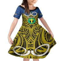 Vanuatu Tafea Province Kid Short Sleeve Dress Pig Tusk Mix Maori Pattern and Namele Leaf LT03 KID Blue - Polynesian Pride