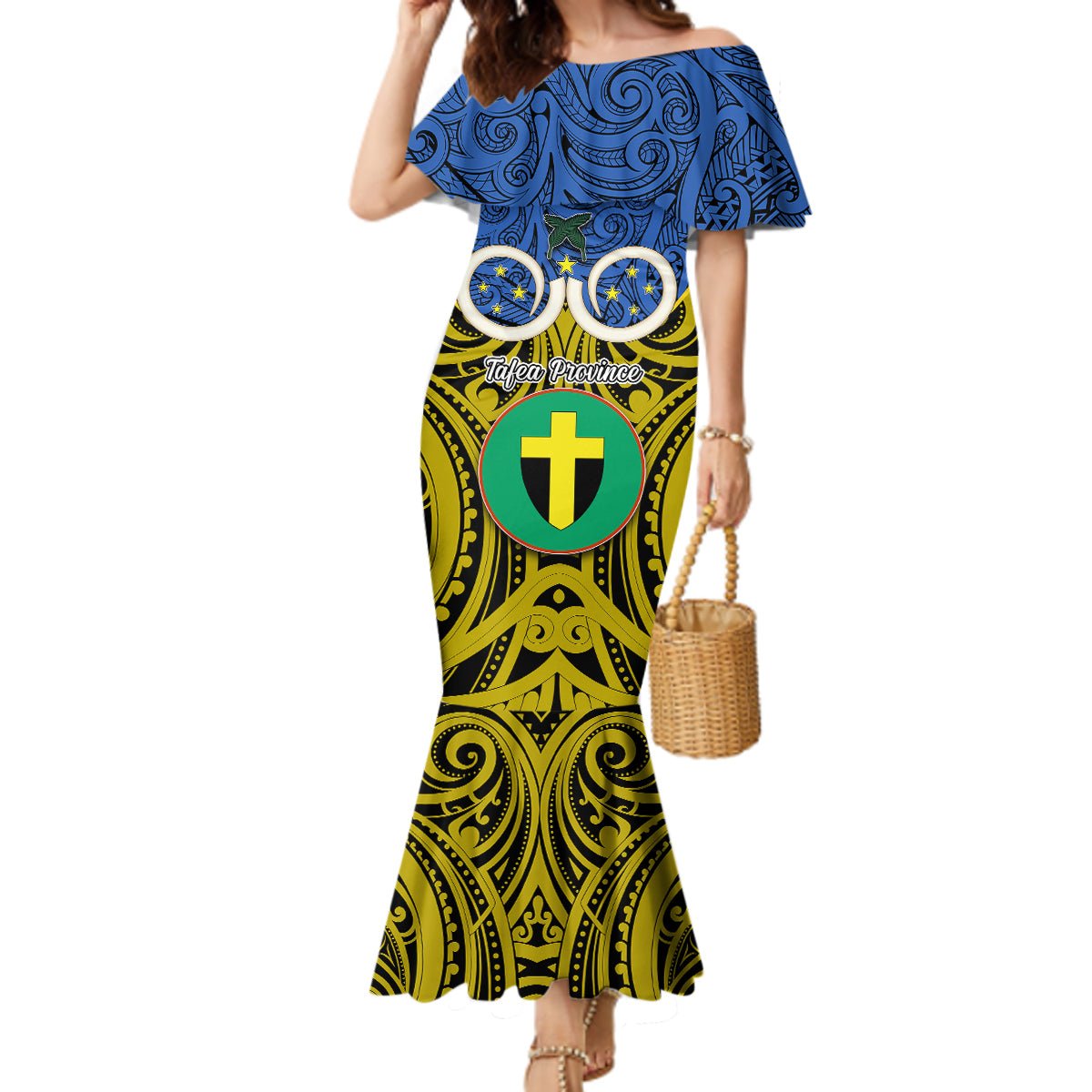 Vanuatu Tafea Province Mermaid Dress Pig Tusk Mix Maori Pattern and Namele Leaf LT03 Women Blue - Polynesian Pride