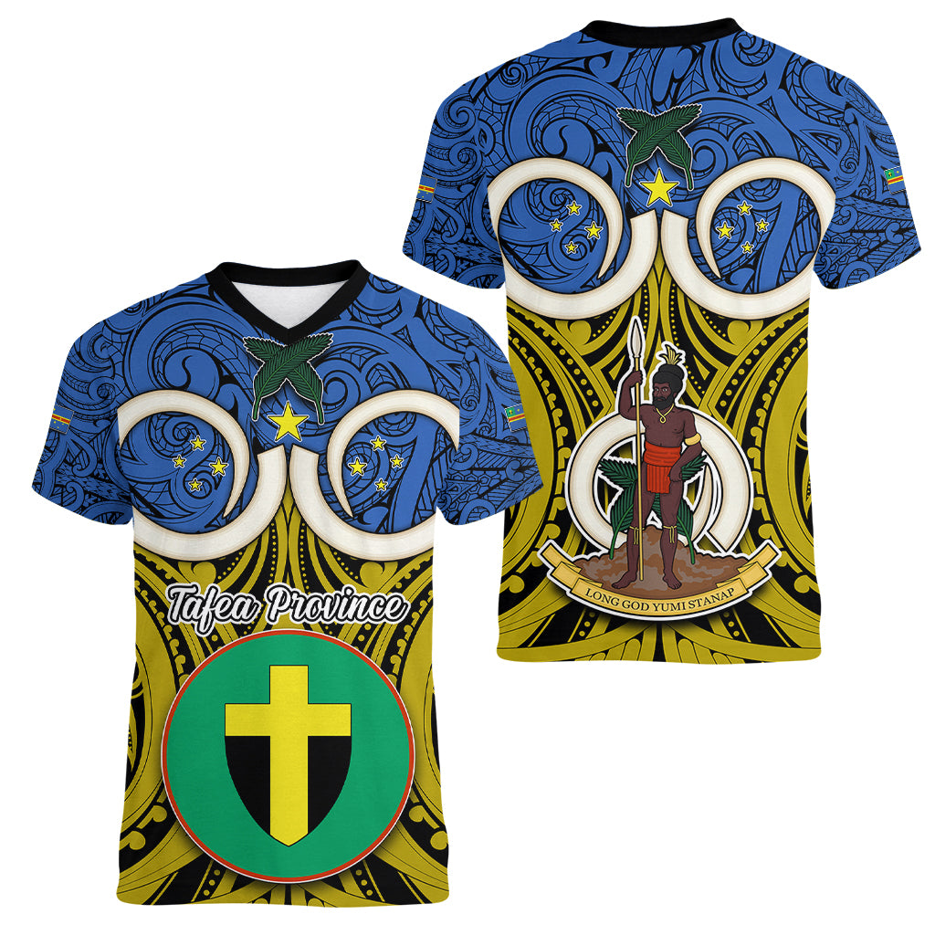 Vanuatu Tafea Province Women V Neck T Shirt Pig Tusk Mix Maori Pattern and Namele Leaf LT03 - Polynesian Pride