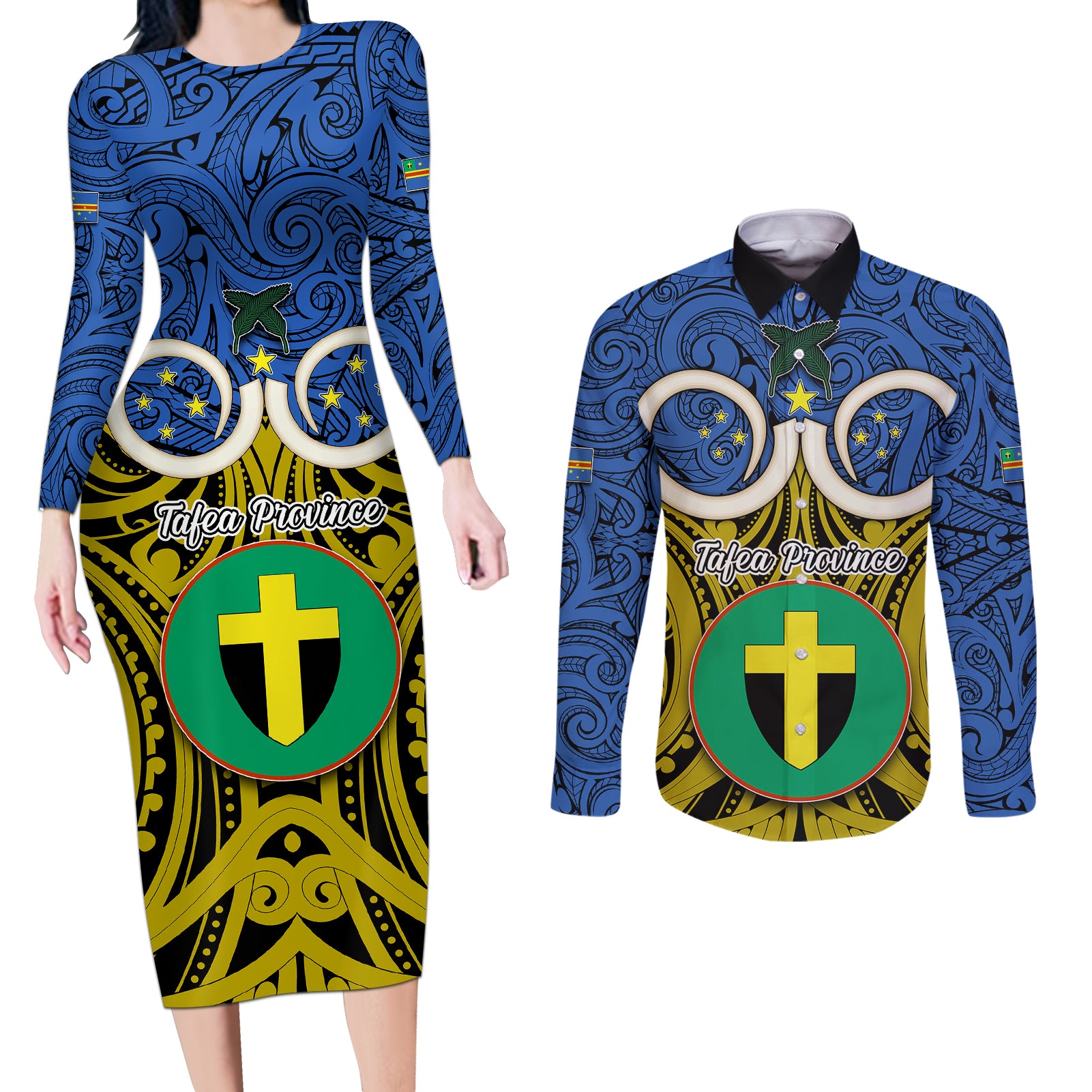 Personalised Vanuatu Tafea Province Couples Matching Long Sleeve Bodycon Dress and Long Sleeve Button Shirts Pig Tusk Mix Maori Pattern and Namele Leaf LT03 Blue - Polynesian Pride