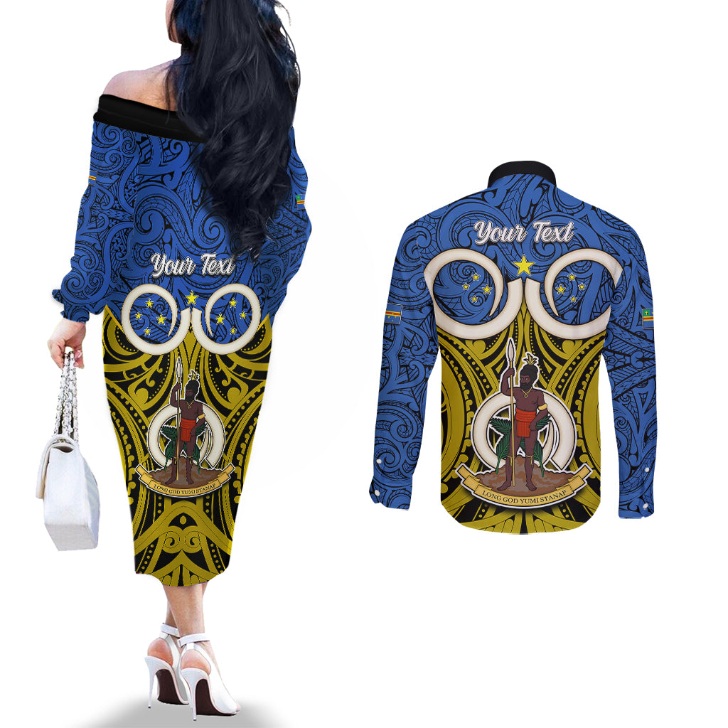 Personalised Vanuatu Tafea Province Couples Matching Off The Shoulder Long Sleeve Dress and Long Sleeve Button Shirts Pig Tusk Mix Maori Pattern and Namele Leaf LT03 - Polynesian Pride