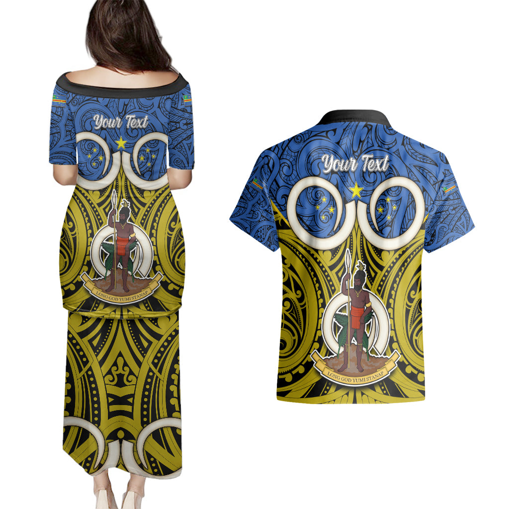 Personalised Vanuatu Tafea Province Couples Matching Puletasi Dress and Hawaiian Shirt Pig Tusk Mix Maori Pattern and Namele Leaf LT03 - Polynesian Pride