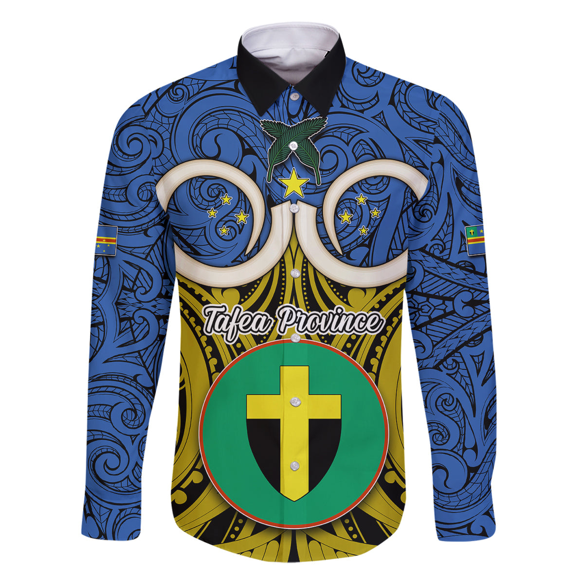 Personalised Vanuatu Tafea Province Family Matching Tank Maxi Dress and Hawaiian Shirt Pig Tusk Mix Maori Pattern and Namele Leaf LT03 Dad's Shirt - Long Sleeve Blue - Polynesian Pride