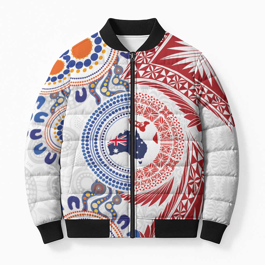 Tongan and Australian Culture Together Bomber Puffer Jacket Ngatu Art Tribal Aboriginal Tattoo Pattern - Polynesian Pride