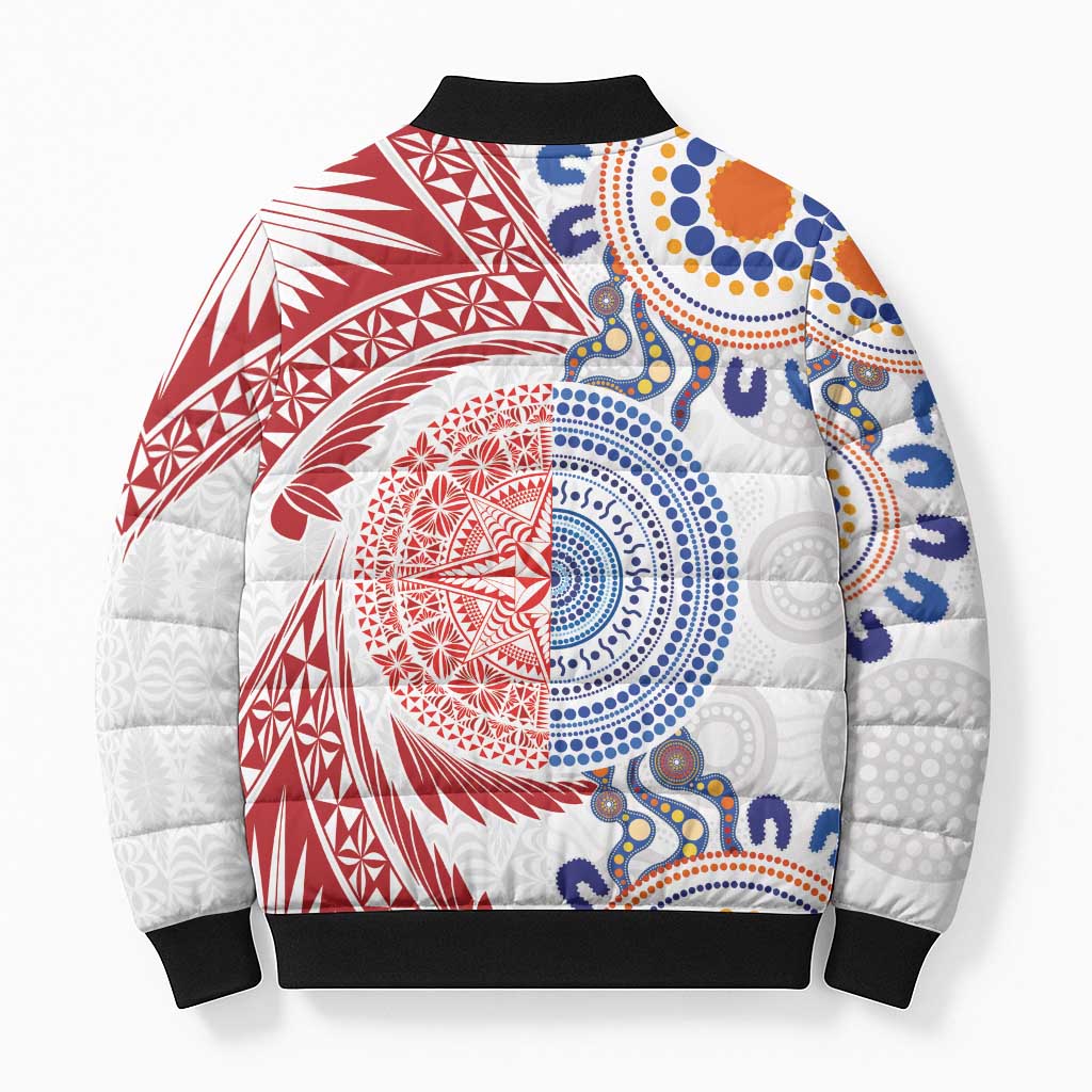 Tongan and Australian Culture Together Bomber Puffer Jacket Ngatu Art Tribal Aboriginal Tattoo Pattern - Polynesian Pride