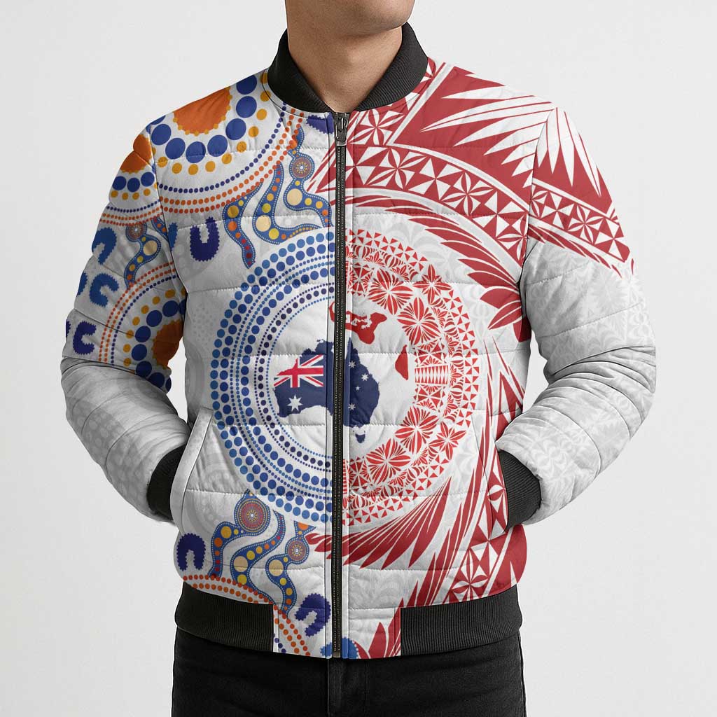 Tongan and Australian Culture Together Bomber Puffer Jacket Ngatu Art Tribal Aboriginal Tattoo Pattern - Polynesian Pride