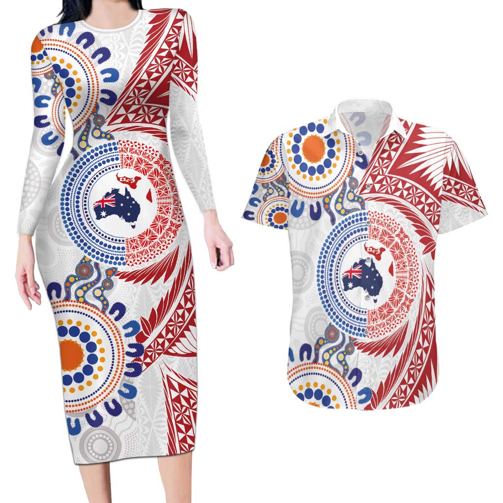 Tongan and Australian Culture Together Couples Matching Long Sleeve Bodycon Dress and Hawaiian Shirt Ngatu Art Tribal Aboriginal Tattoo Pattern - Polynesian Pride