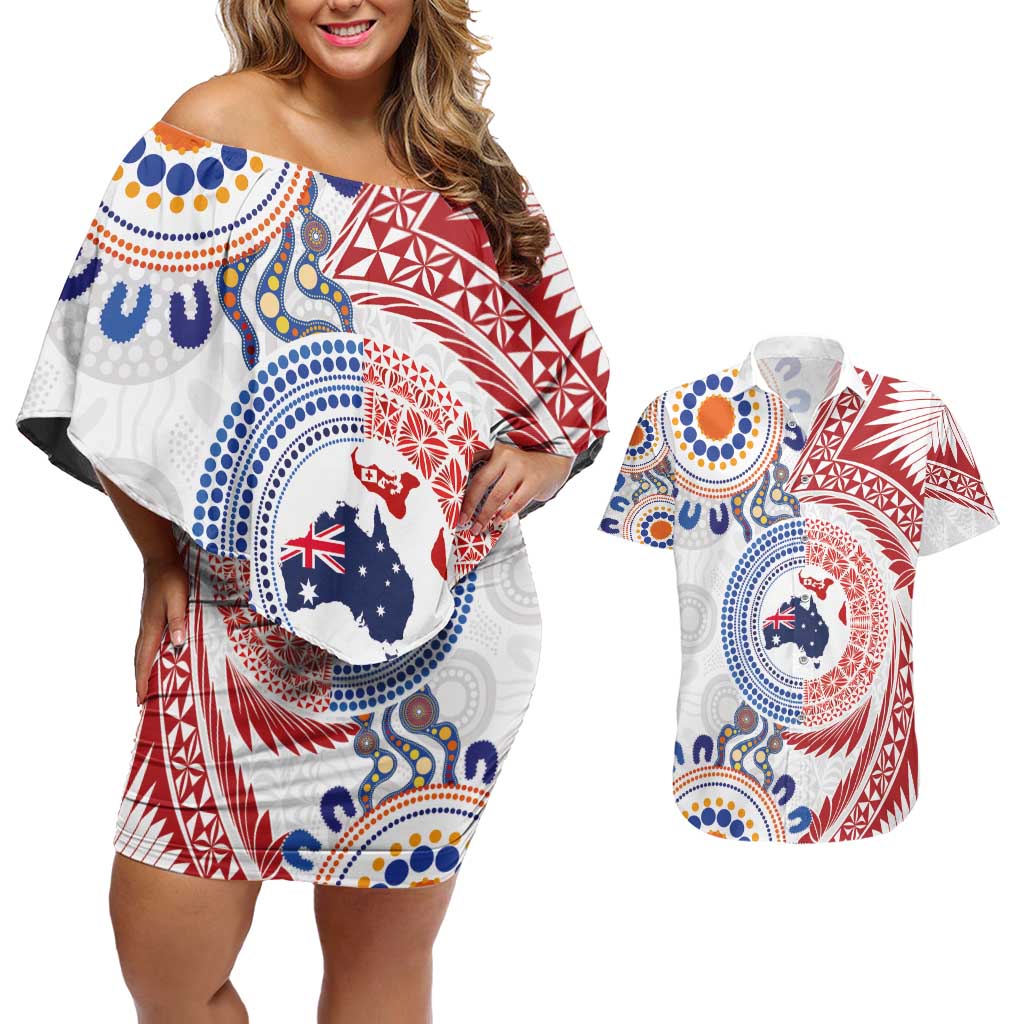 Tongan and Australian Culture Together Couples Matching Off Shoulder Short Dress and Hawaiian Shirt Ngatu Art Tribal Aboriginal Tattoo Pattern - Polynesian Pride