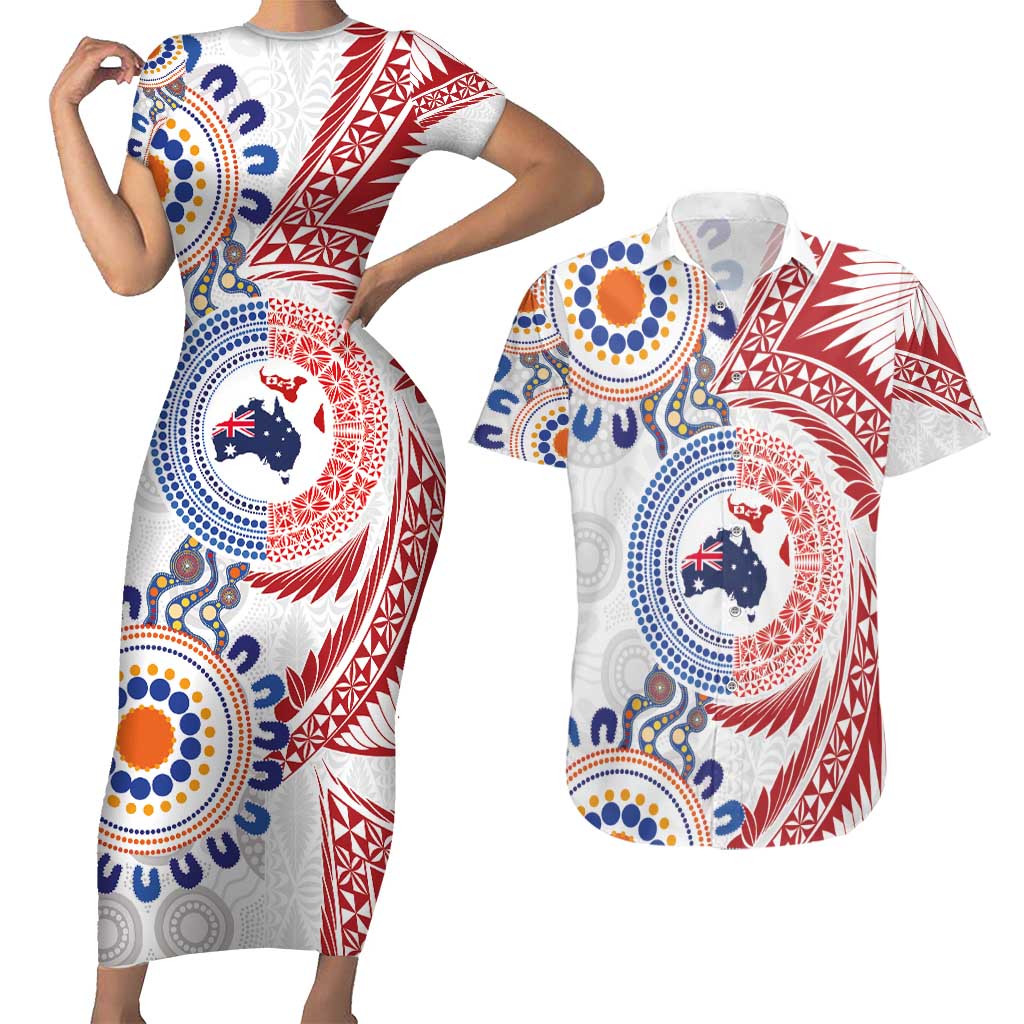 Tongan and Australian Culture Together Couples Matching Short Sleeve Bodycon Dress and Hawaiian Shirt Ngatu Art Tribal Aboriginal Tattoo Pattern - Polynesian Pride