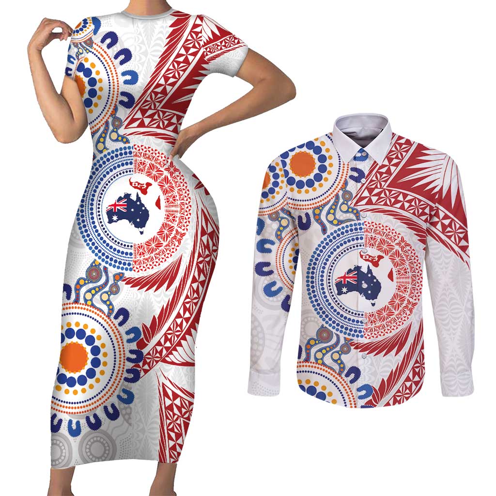 Tongan and Australian Culture Together Couples Matching Short Sleeve Bodycon Dress and Long Sleeve Button Shirt Ngatu Art Tribal Aboriginal Tattoo Pattern - Polynesian Pride