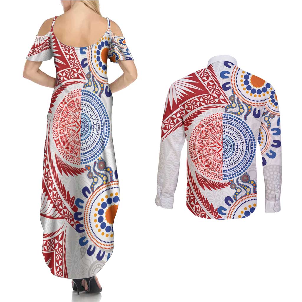 Tongan and Australian Culture Together Couples Matching Summer Maxi Dress and Long Sleeve Button Shirt Ngatu Art Tribal Aboriginal Tattoo Pattern - Polynesian Pride