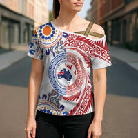 Tongan and Australian Culture Together Cross Shoulder Shirt Ngatu Art Tribal Aboriginal Tattoo Pattern - Polynesian Pride